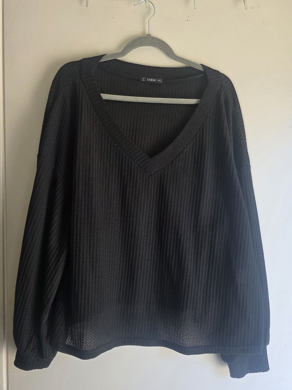 SHEIN  Black V-Neck Waffle Knit Long Sleeve